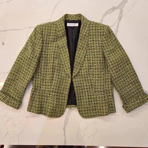 Tahari Arthur S. Levine Womens Tweed Open Blazer Green Size 14 - Picture 1 of 11